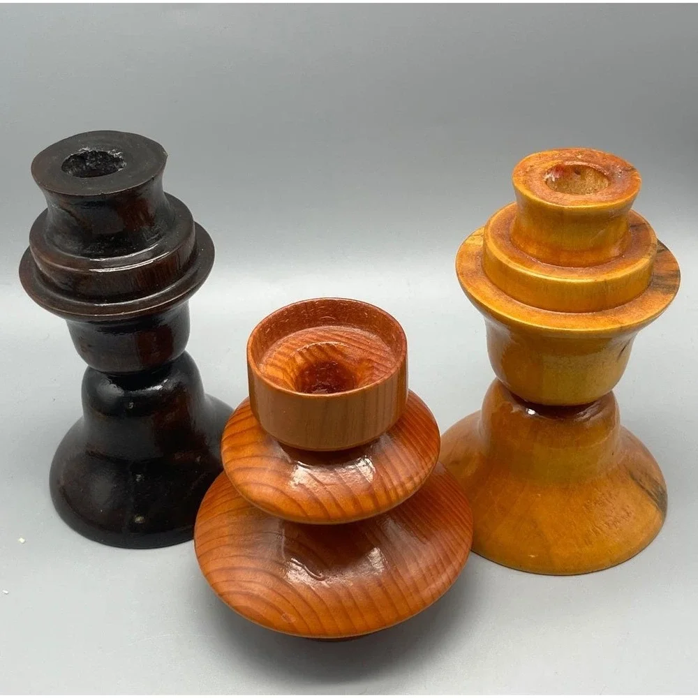 Vintage Mid Century Modern Wood Candlestick Holders set of‎ Three MCM Decor